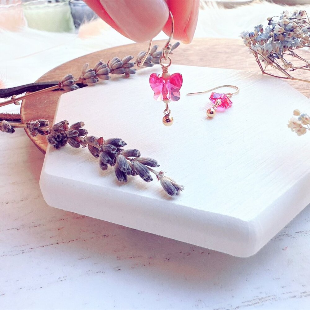 14k Gold-Filled Crystal Butterfly Earrings with Mini Bead Charm | Handmade in BC - Picture 2 of 4